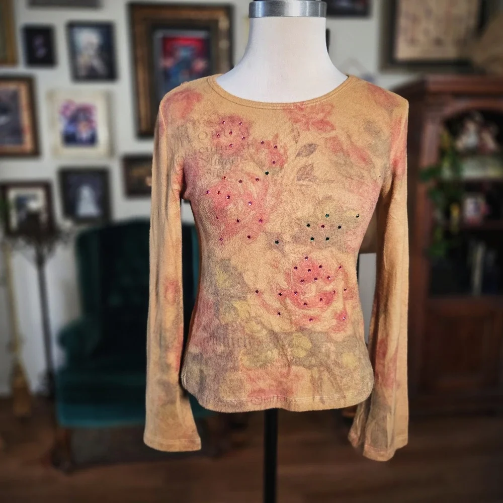213 Floral Long Sleeve Top Tan Pink Rhinestone Vintage Y2K‎ Fairycore Grunge S